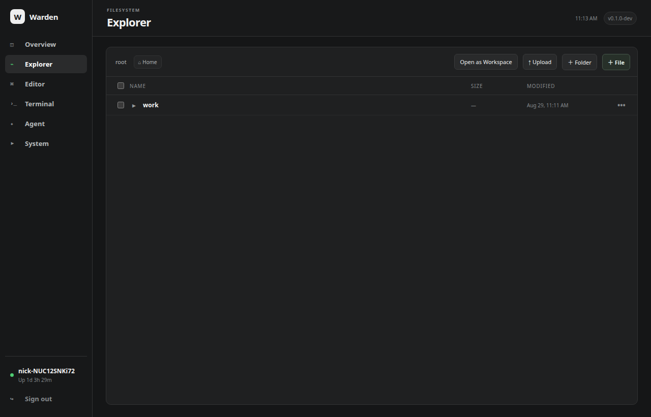 Warden file explorer showing the filesystem tree and file list