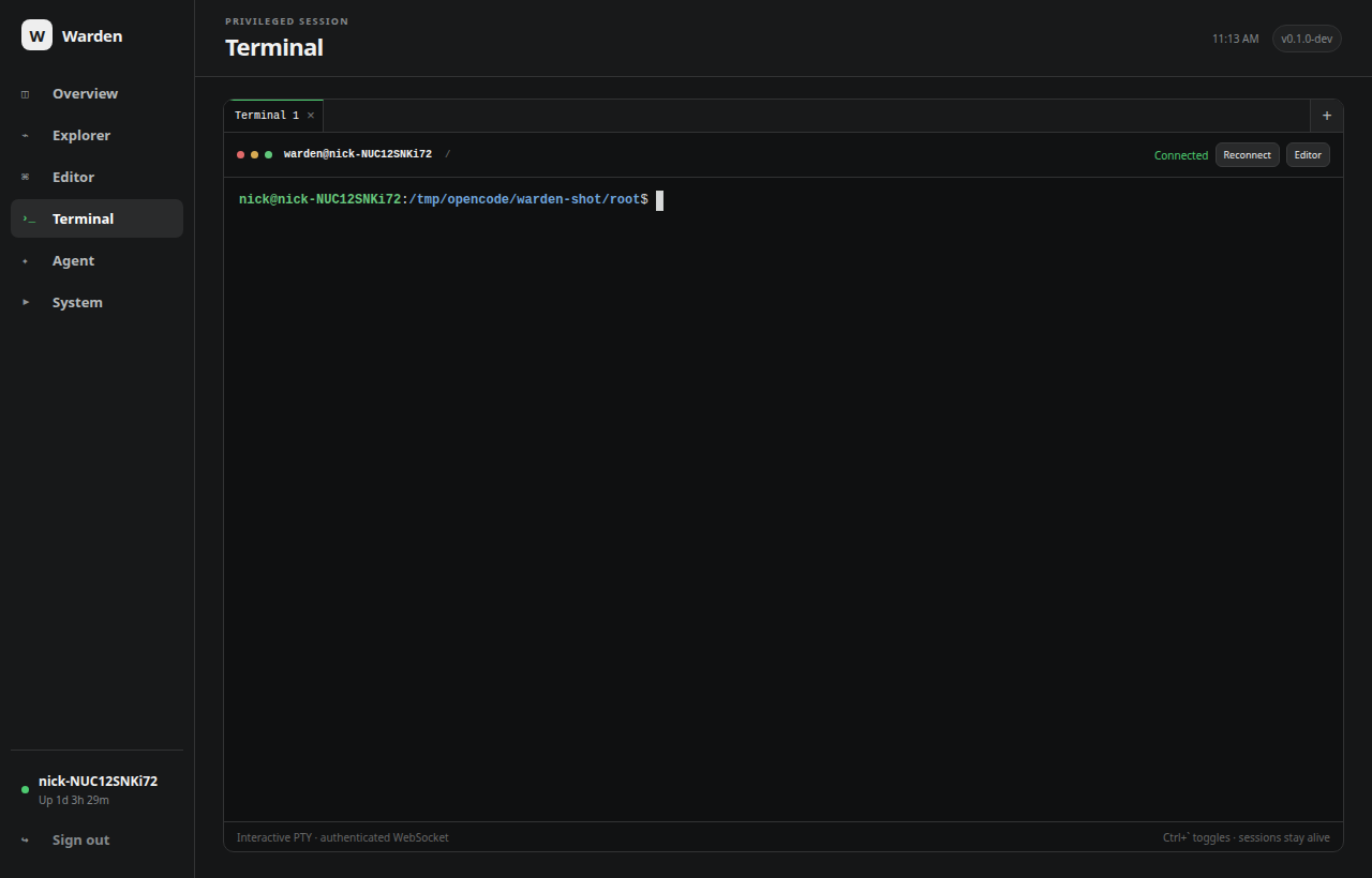Warden interactive terminal with PTY sessions